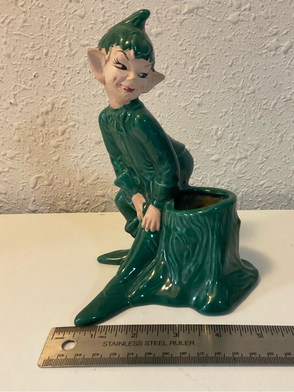 Vintage Gilner Pixie Elf Planter 1951 Green Ceramic Tree Trunk